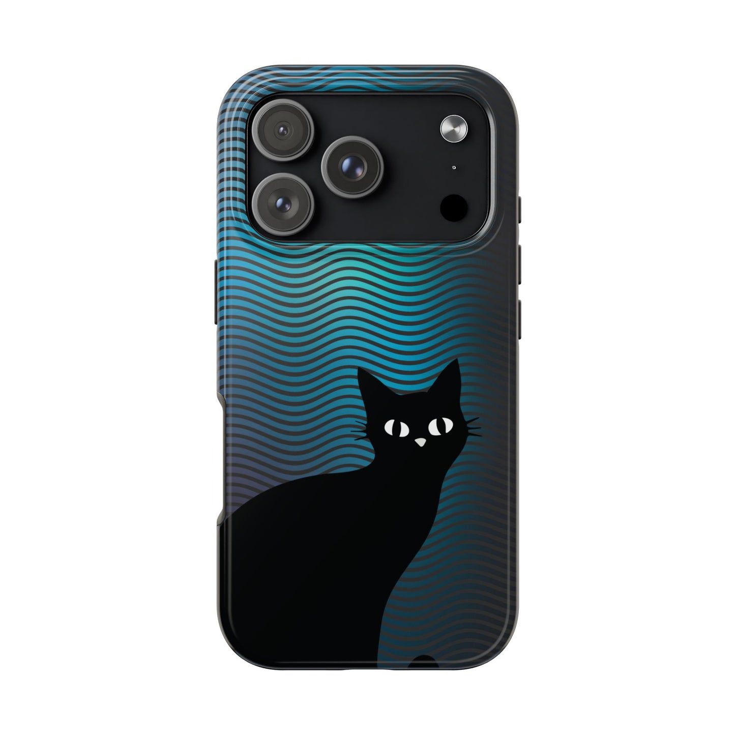 Black Cat Cell Phone Case | Peeking Kitty Graphic on Wavy Teal Background