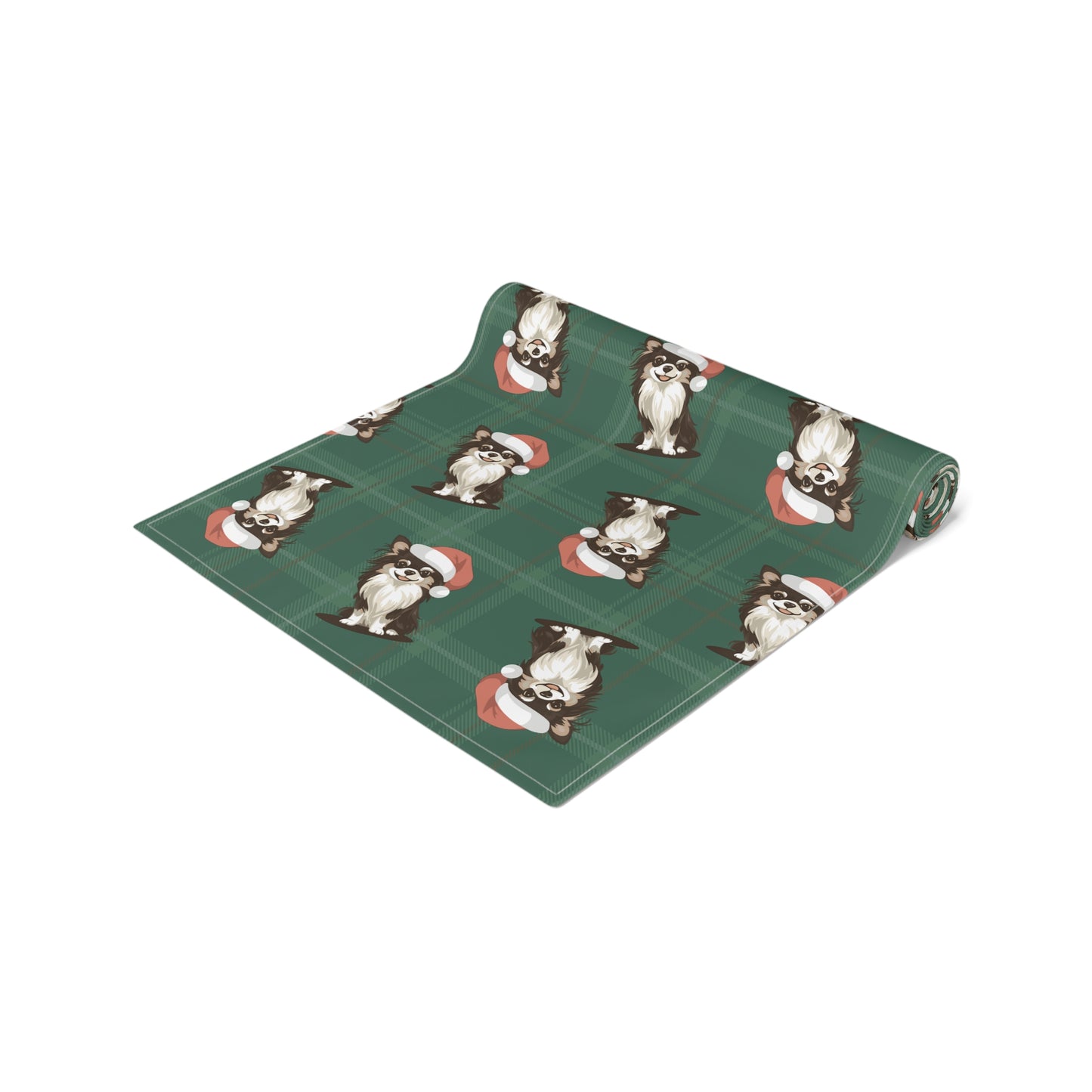 Festive Long Haired Chihuahua Dog Holiday Table Runner, Christmas Home Decor, Dining Tablecloth Linens, Plaid Table Setting Runners