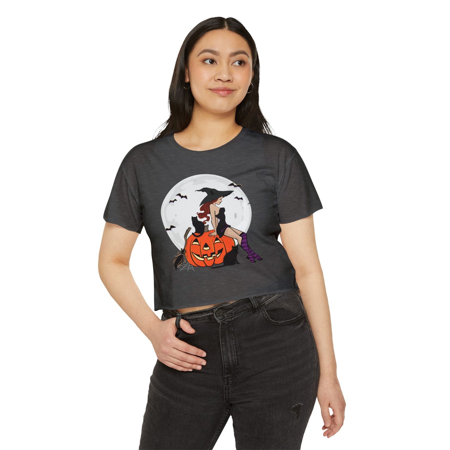 Pinup Witch Crop Top - Halloween Jack-O-Lantern Pumpkin Women's Festival Cropped Tee Wtichy Gothic Crop T-shirt