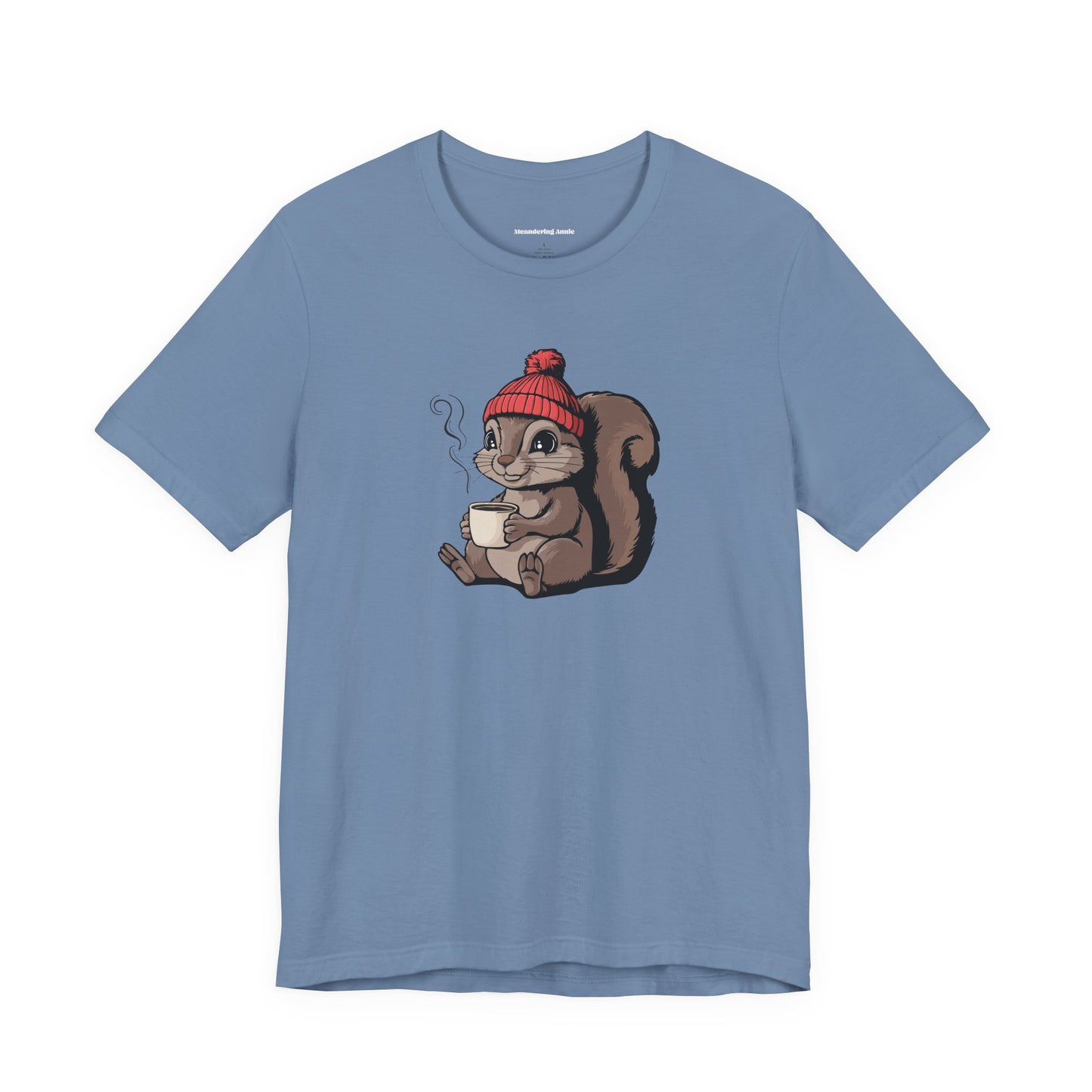 Cozy Squirrel with Coffee T-Shirt | Cute Fall Squirrels Woodland Animal Tee, Short Sleeve Graphic Print Shirts