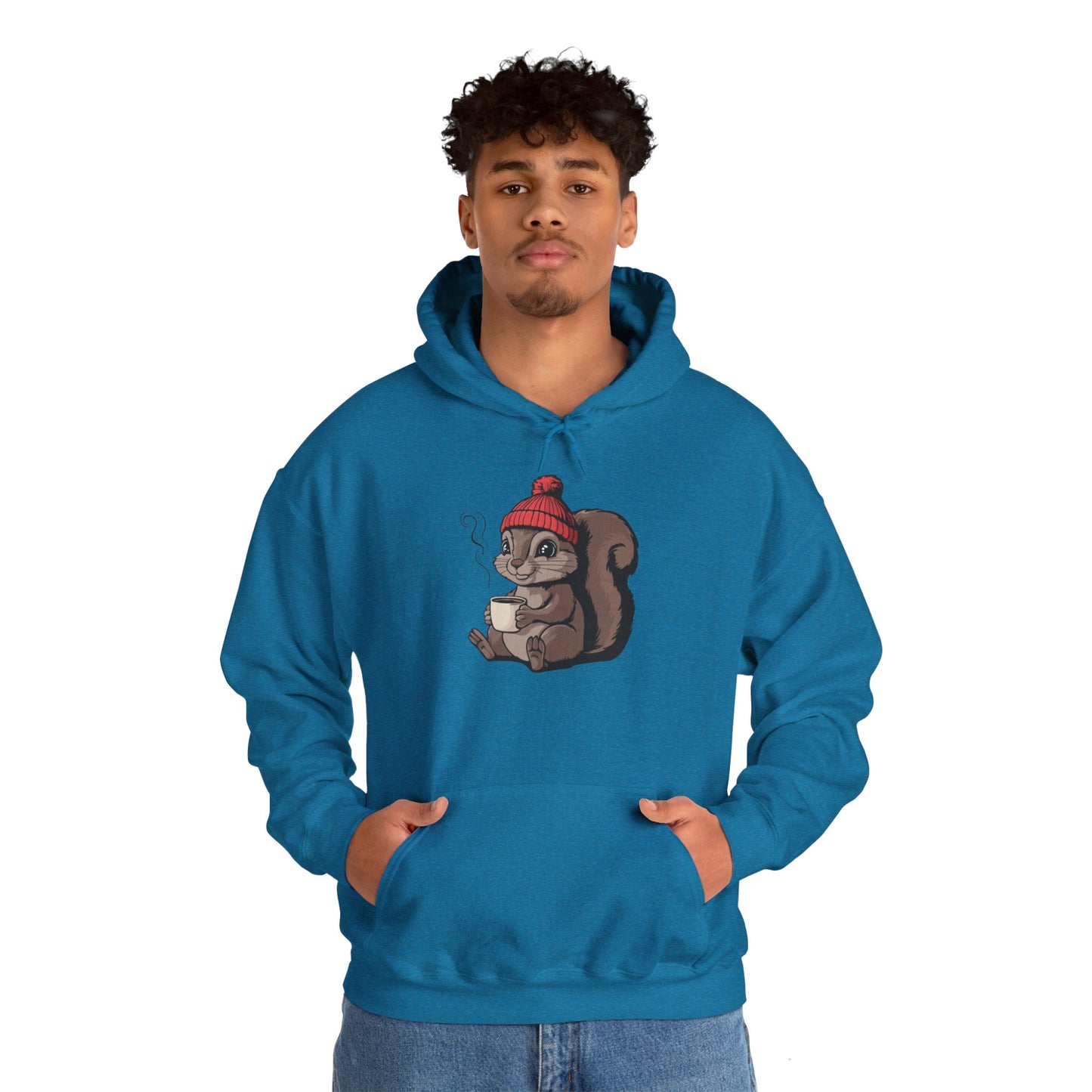 Cozy Squirrel  Pullover Hoodie Unisex Heavy Blend Hooded Sweatshirt with Squirrel in Beanie with Cup Of Coffee Graphic Print