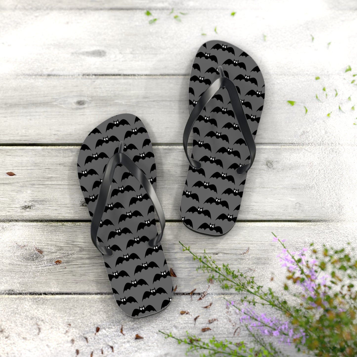 Bat Pattern Flip Flops | Black & Gray Goth Halloween Bats Print Sandals, Gothic Beach Pool Summer Footwear