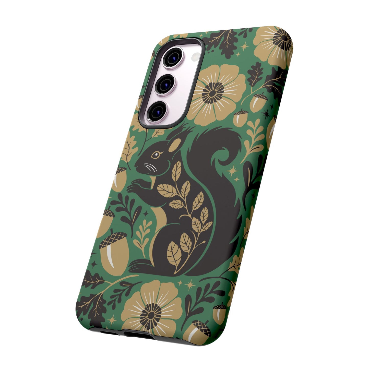 Green Squirrel Floral Pattern Cell Phone Case | Botanical Folk Art Acorn Leaves Design, Iphone Google Pixel Samsung Cases Matte Finish