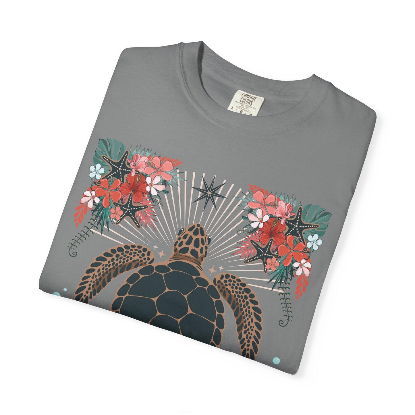 Sea Turtle Floral T-Shirt - Hawaii Coastal Ocean Turtles Tropical Flowers Coral Starfish and Shells Graphic Tee