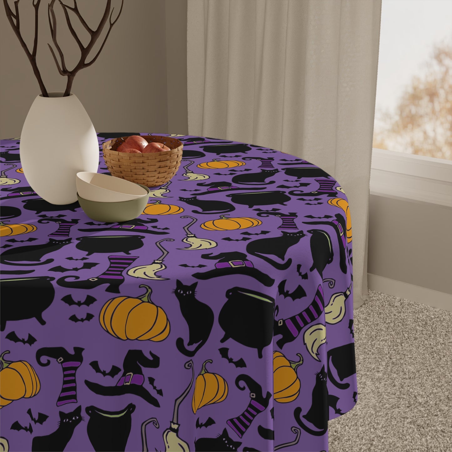 Witchy Things Halloween Tablecloth 55x55" Spooky Kitchen Party Decor Fabric Tablet Cloth Witch Hats, Black Cats, Pumpkins, Bats, Cauldrons