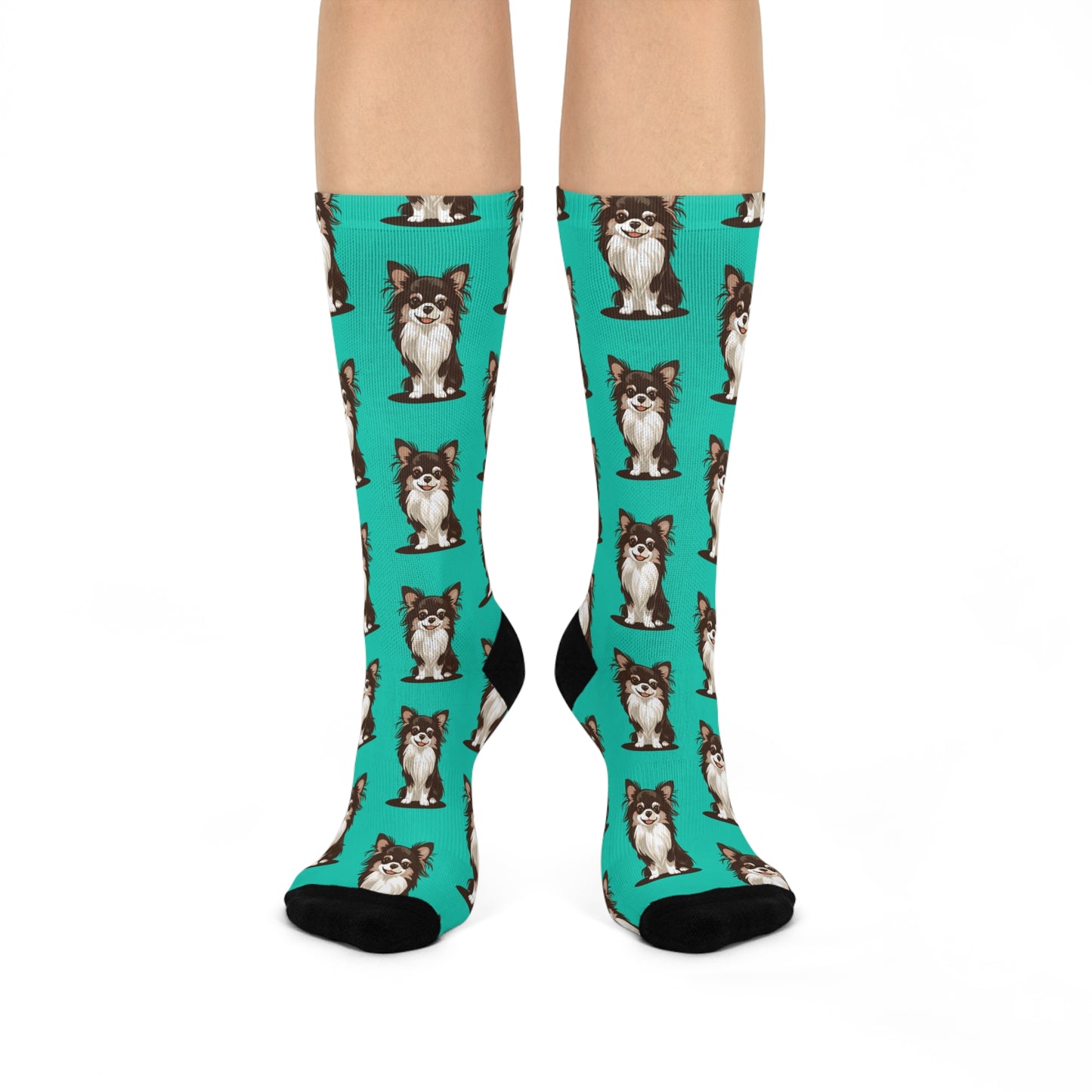 Long Haired Chihuahua Dog Aqua Teal Pattern Cushioned Crew Socks With Cute Doggy Chihuahuas Pet Print, Fun Novelty Footwear