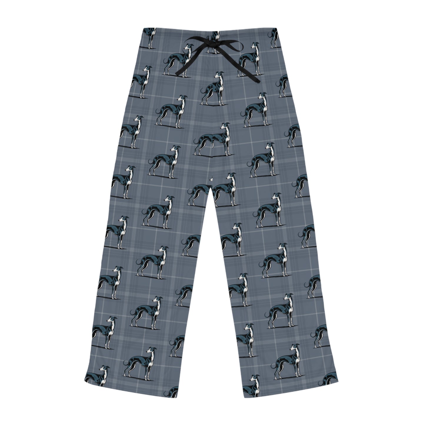Greyhound Dogs Pajama Pants | Women's Blue-Grey Plaid Dog Print Lounge Pajamas PJ Bottoms, Loungewear Sleepwear