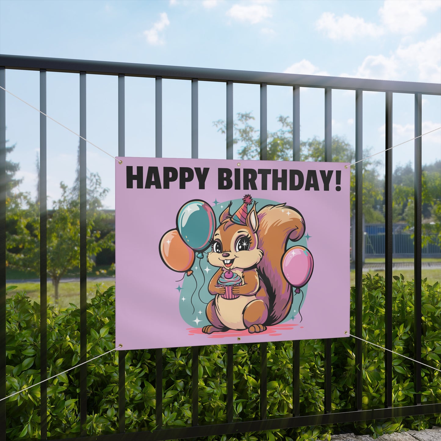 Happy Birthday Party Squirrel Banner Sign Purple Squirrels Balloons Cupcake Celebration Squirrels B-day Banners Decorations