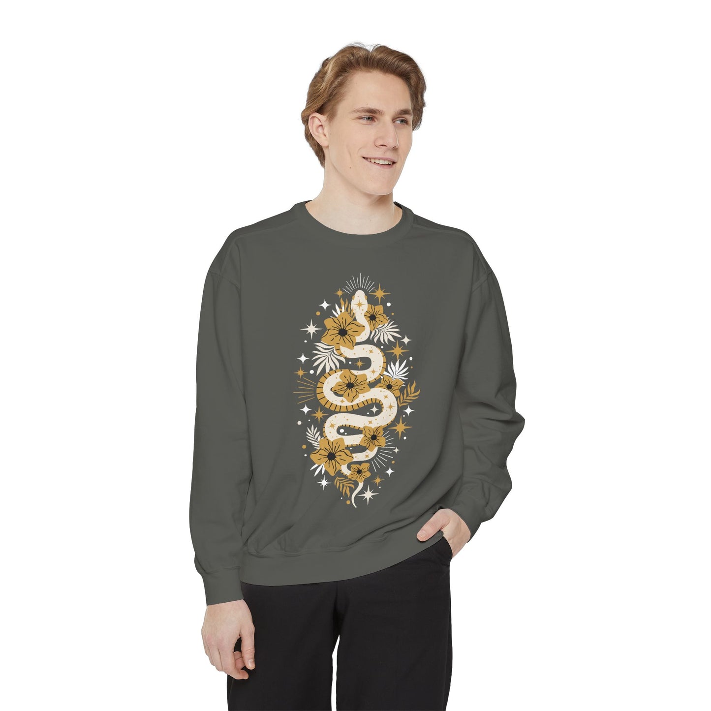 Mystic Gold Snake & Flower Unisex Sweatshirt, Boho Pullover Long Sleeve Sweatshirts, Bohemian Witchy Snake Print Apparel