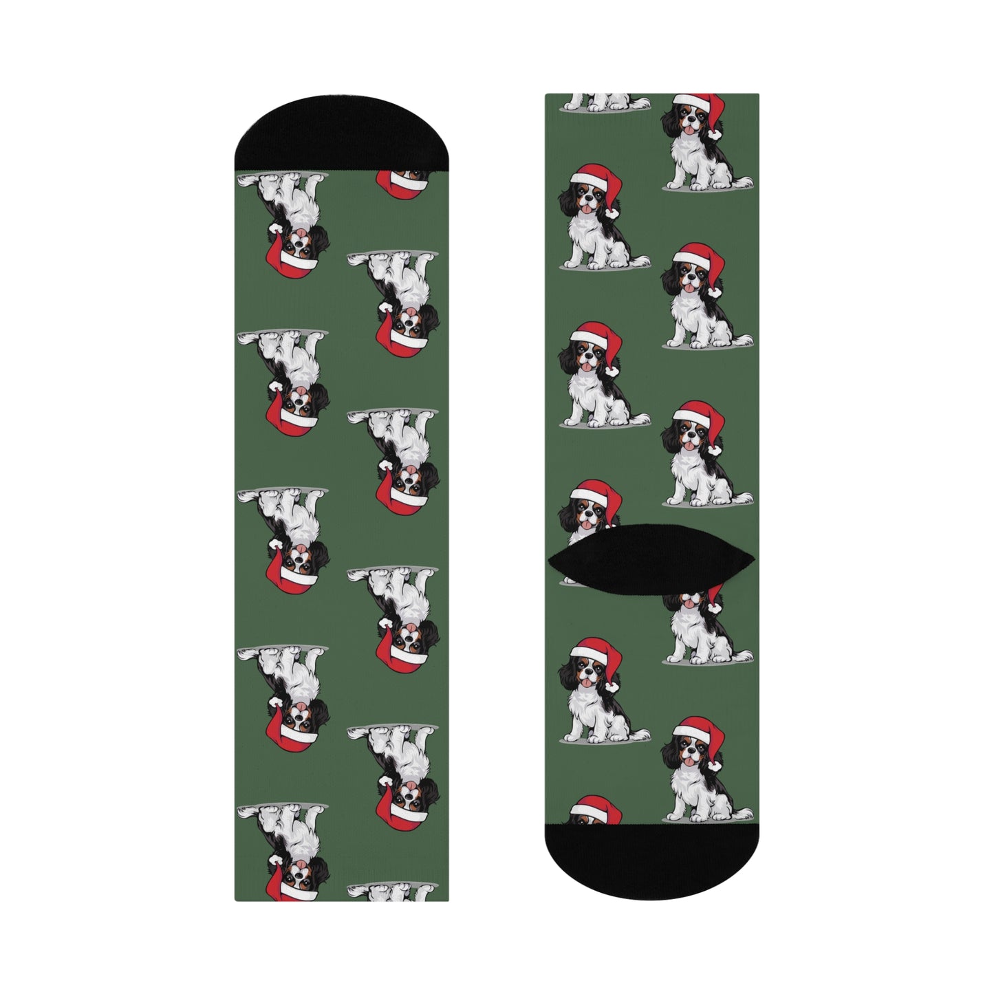 Cavalier King Charles Spaniel Dog Socks, Christmas Holiday Santa Dogs Novelty Crew Socks, Xmas Puppies Pattern