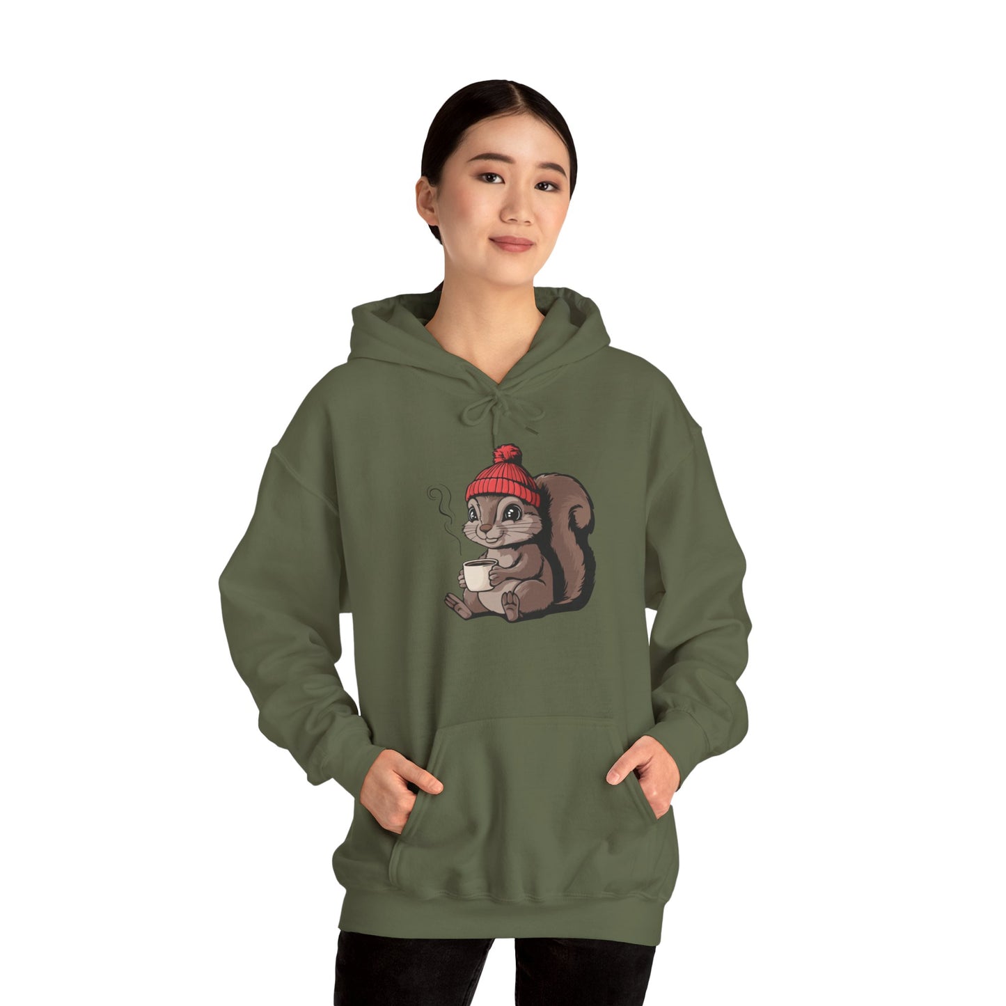 Cozy Squirrel  Pullover Hoodie Unisex Heavy Blend Hooded Sweatshirt with Squirrel in Beanie with Cup Of Coffee Graphic Print