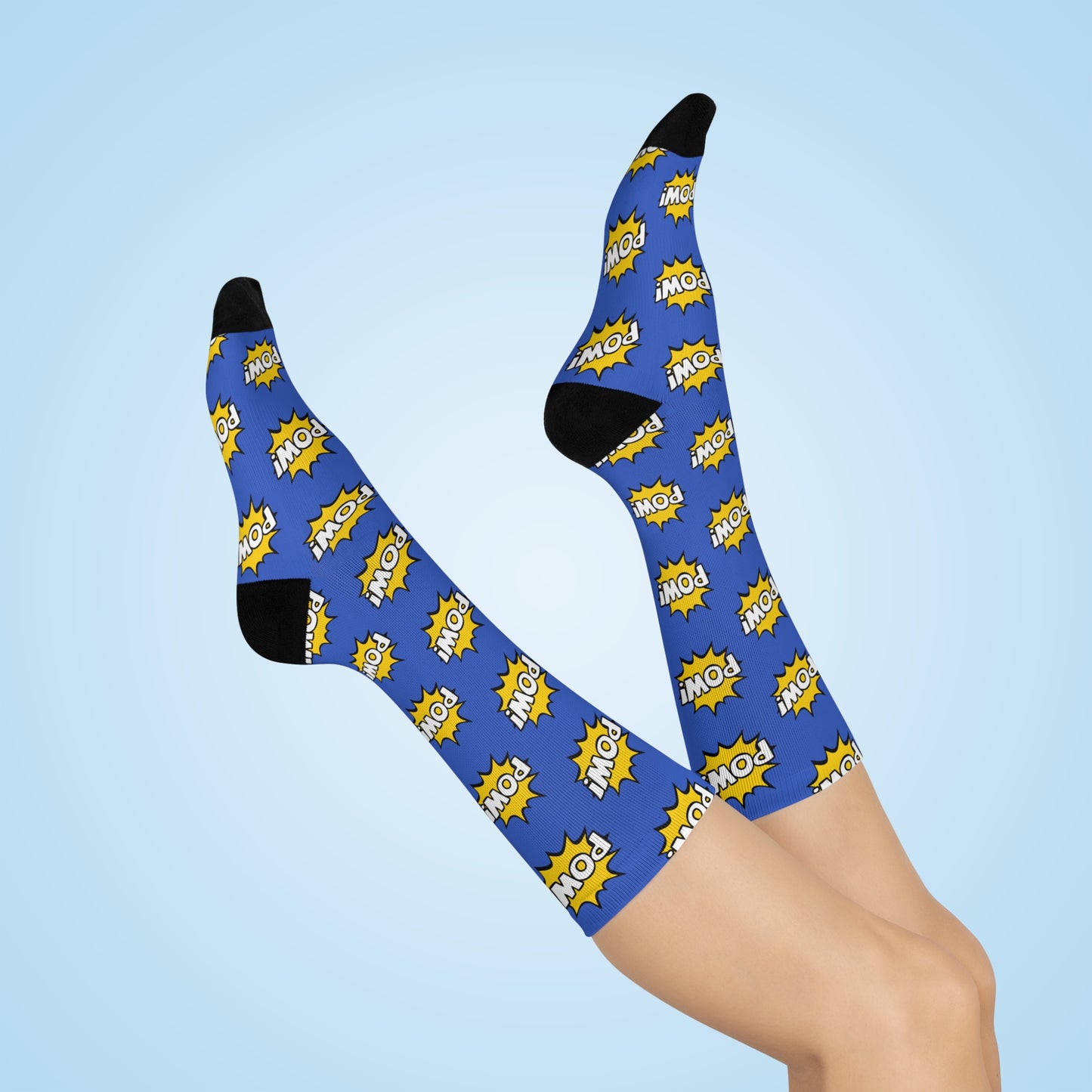 Comic POW Pattern Socks | Blue Crew Socks, Fun Novelty Super Hero Comic Book Socks