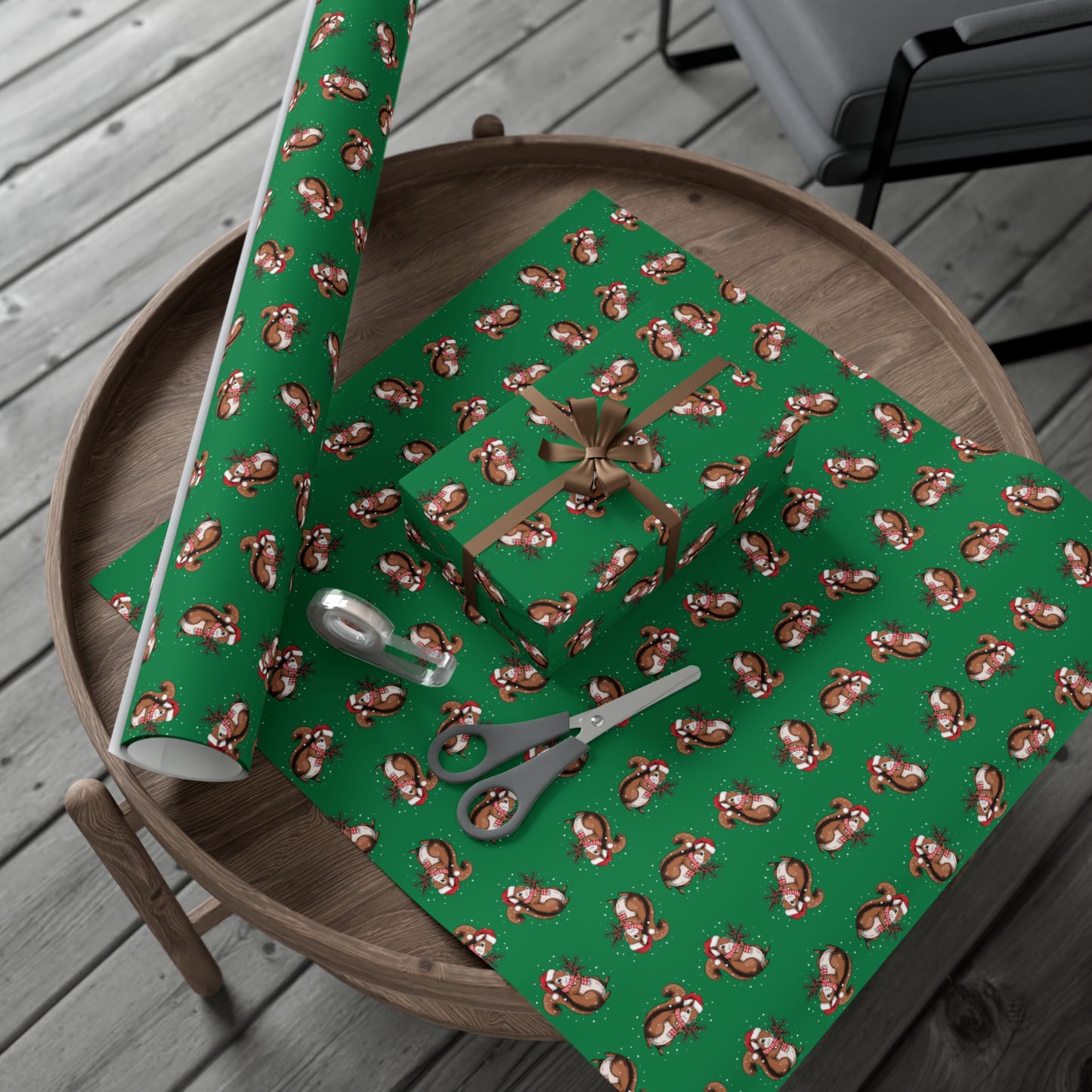 Squirrel Christmas Wrapping Paper, Festive Squirrels Print, Cheery Green Holiday Gift Wrap With Snowy Xmas Squirrel In Santa Hat