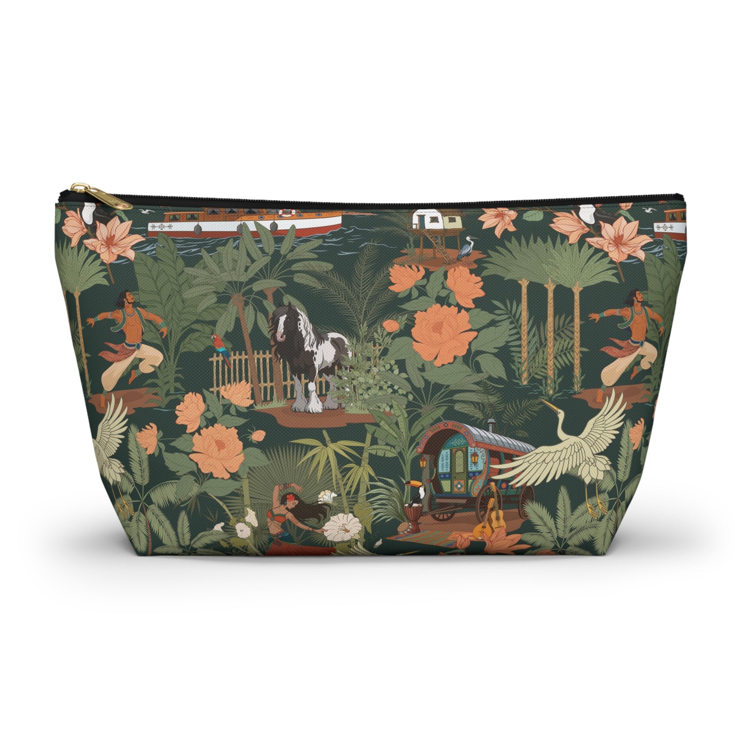 Tropical Nomad Floral Birds Makeup Bag Accessory Pouch, Green Island Palms Travel Cosmetics Zipper Case