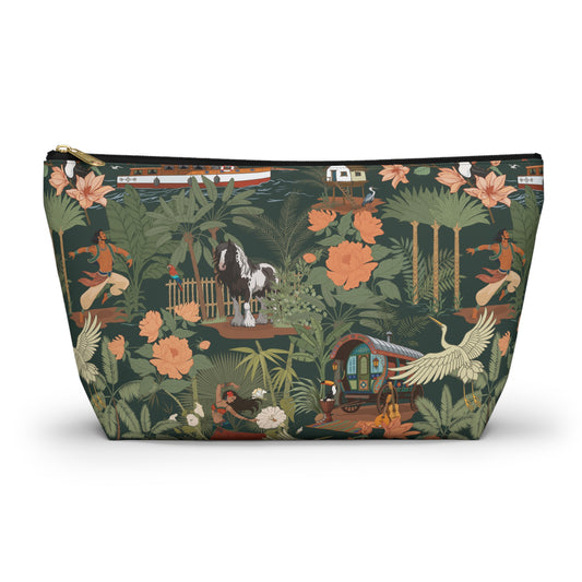 Tropical Nomad Floral Birds Makeup Bag Accessory Pouch, Green Island Palms Travel Cosmetics Zipper Case