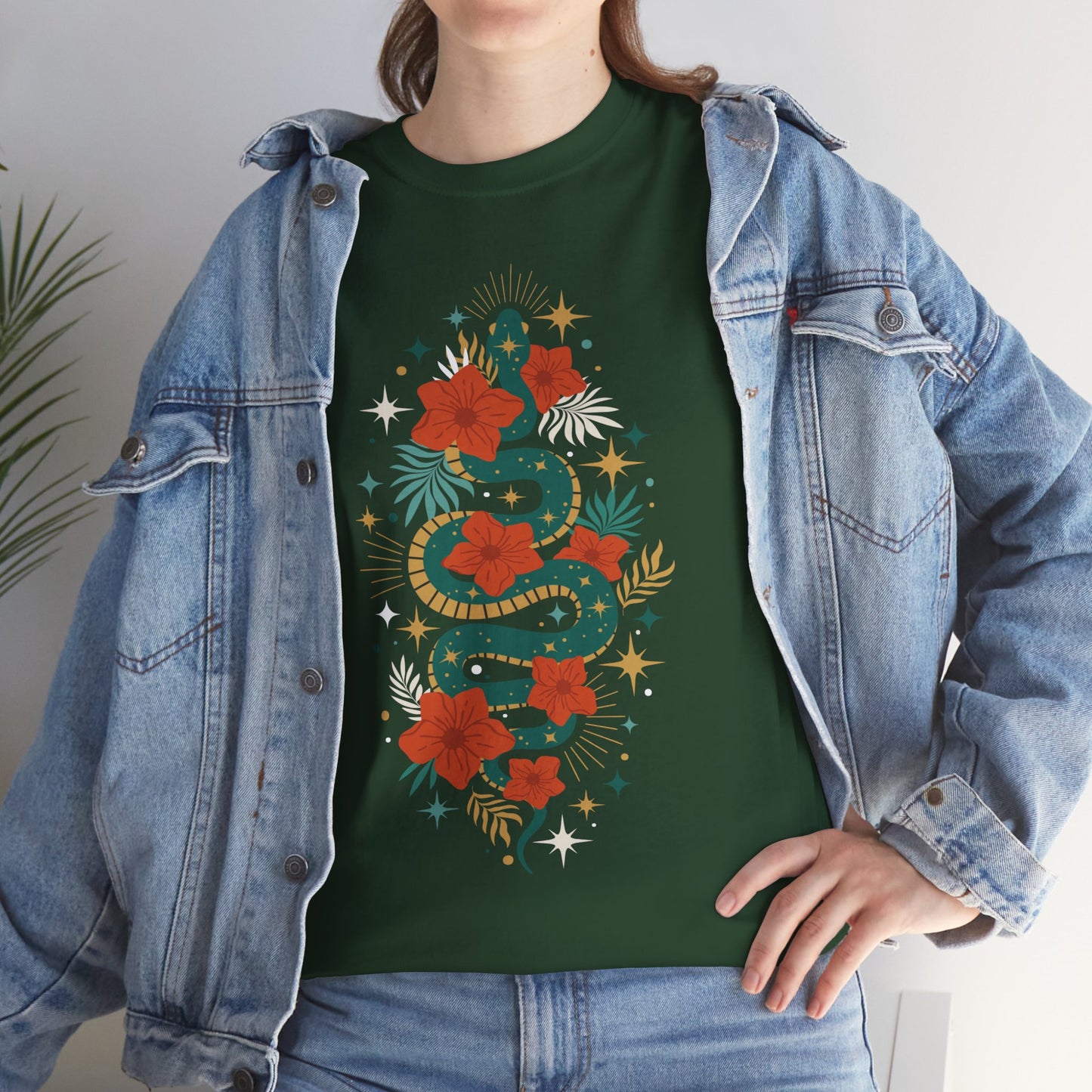 Boho Jade Snake Stars Flowers Cotton Tee, Unisex T-Shirt, Hippie Graphic Print Shirt, Bohemian Festival Top, Celestial Serpent Tee