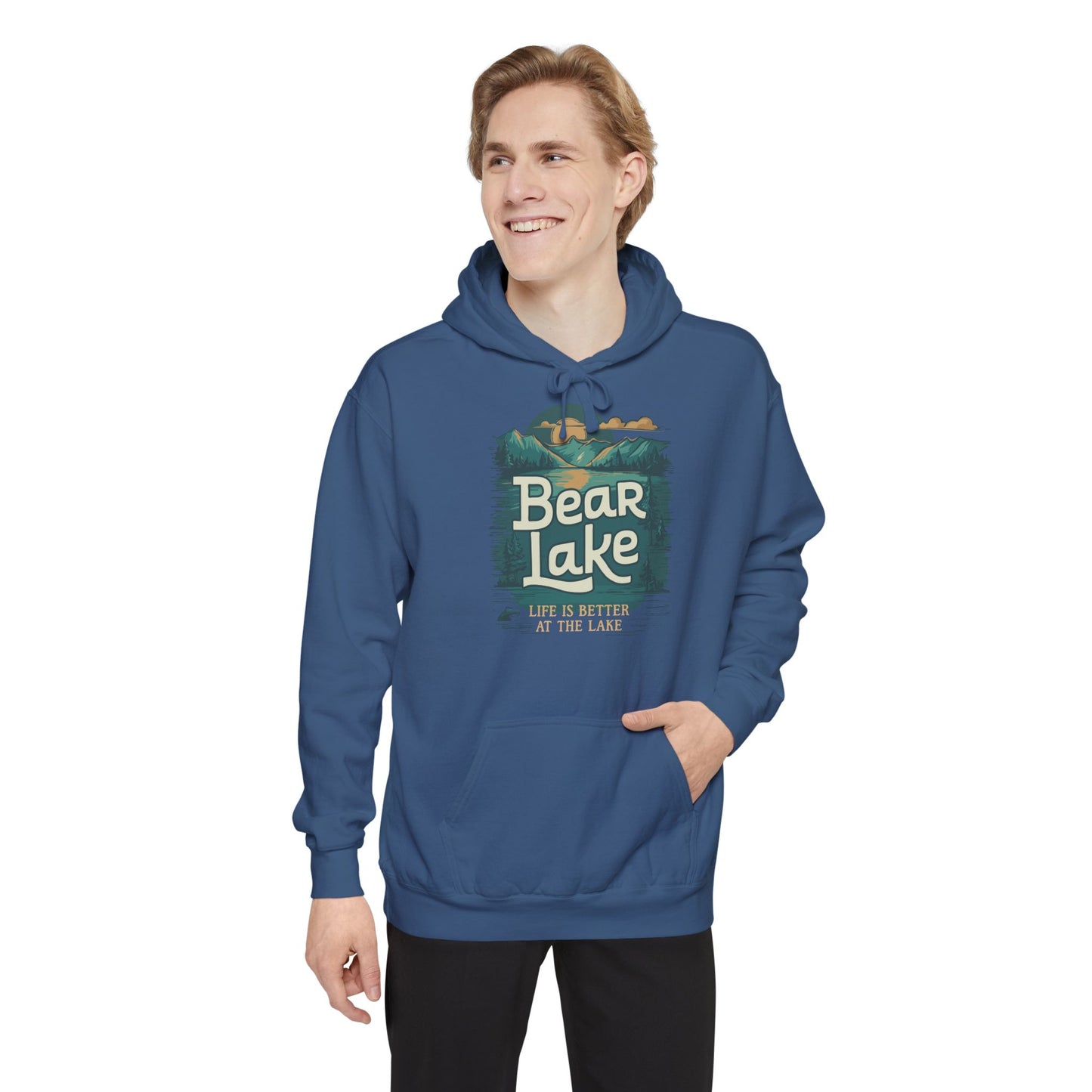 Bear Lake Scenic Mountain View Unisex Garment-Dyed Pullover Hoodie Hooded Sweatshirt with Utah Idaho Vacation Destination