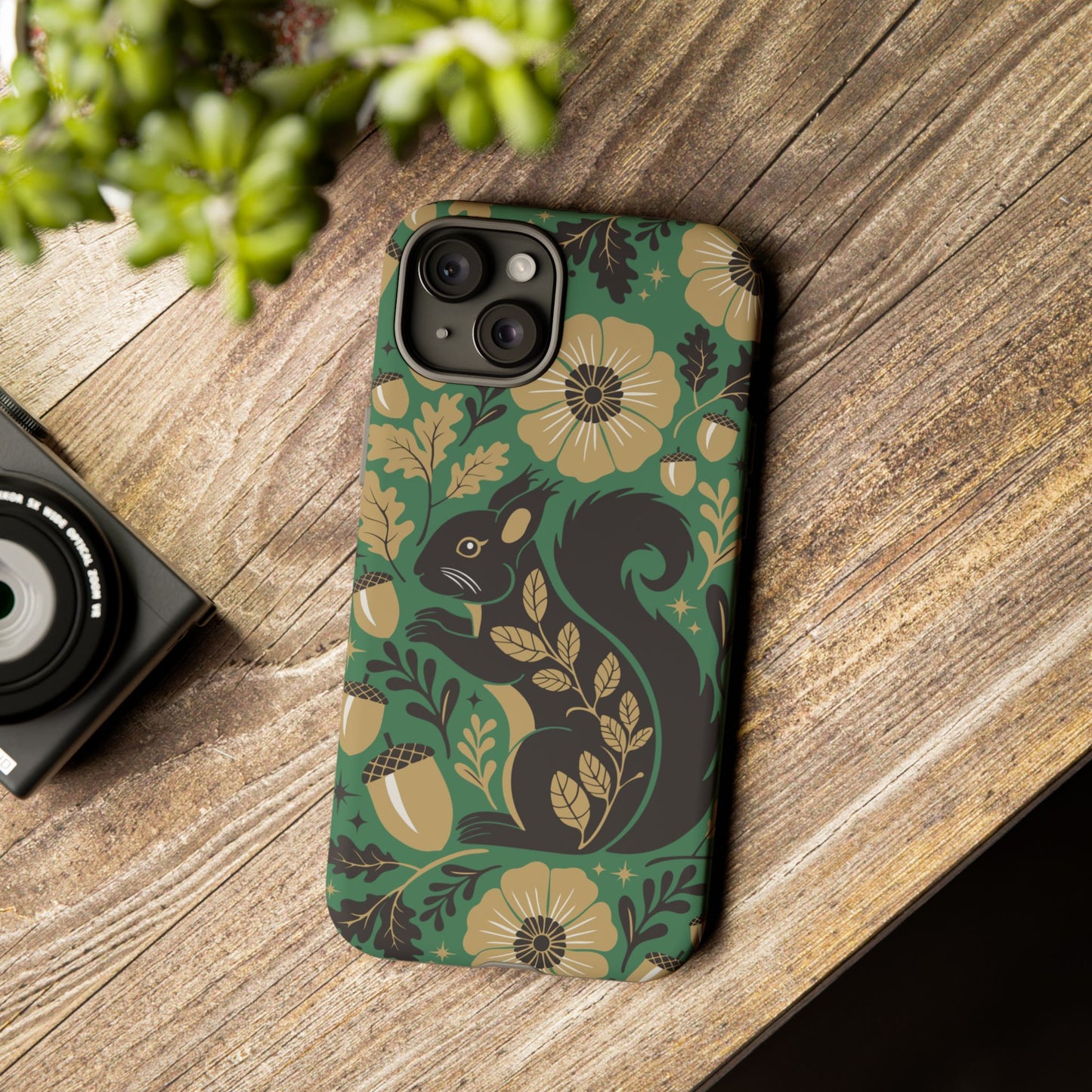 Green Squirrel Floral Pattern Cell Phone Case | Botanical Folk Art Acorn Leaves Design, Iphone Google Pixel Samsung Cases Matte Finish