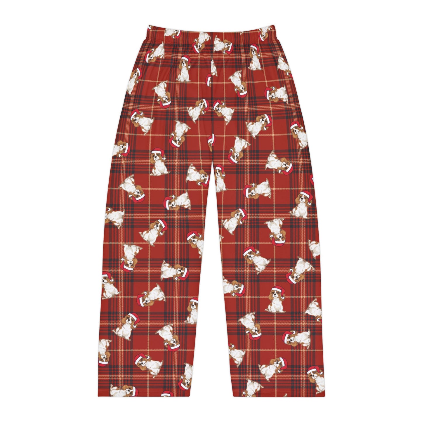 Red Plaid Cavalier King Charles Spaniel Dog Men's Christmas Pajama Pants, Santa Dogs PJ Bottoms, Winter Loungewear, Holiday Sleepwear