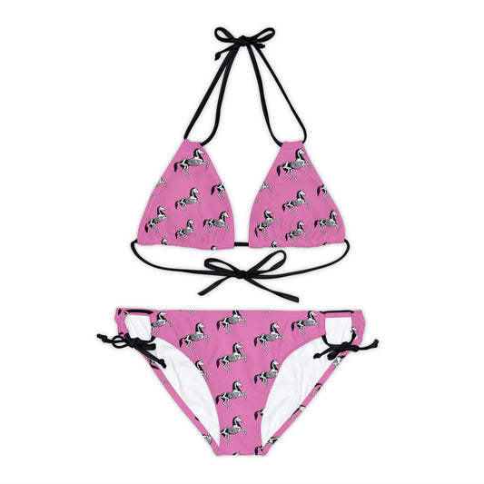 Unicorn Skeleton Strappy Pink Bikini Set - 2 Piece Bikini Top & Bottom Set with Goth Skeleton Unicorn Print