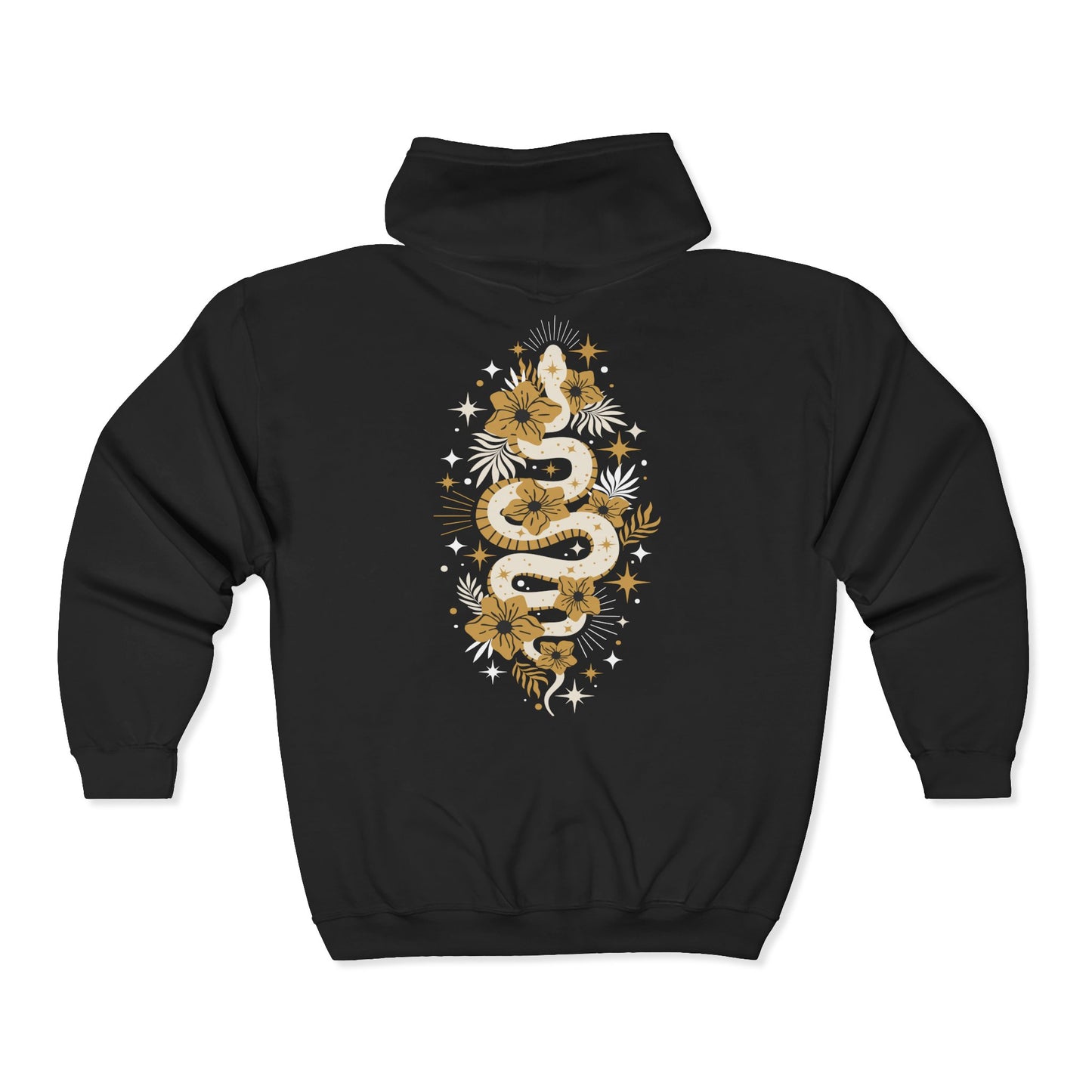 Mystic Gold Snake Black Zip Up Hoodie - Full Zip Hooded Sweatshirt Jacket, Boho Floral Serpent Design Zipper Hoodies Mens Womens Sweatshirts