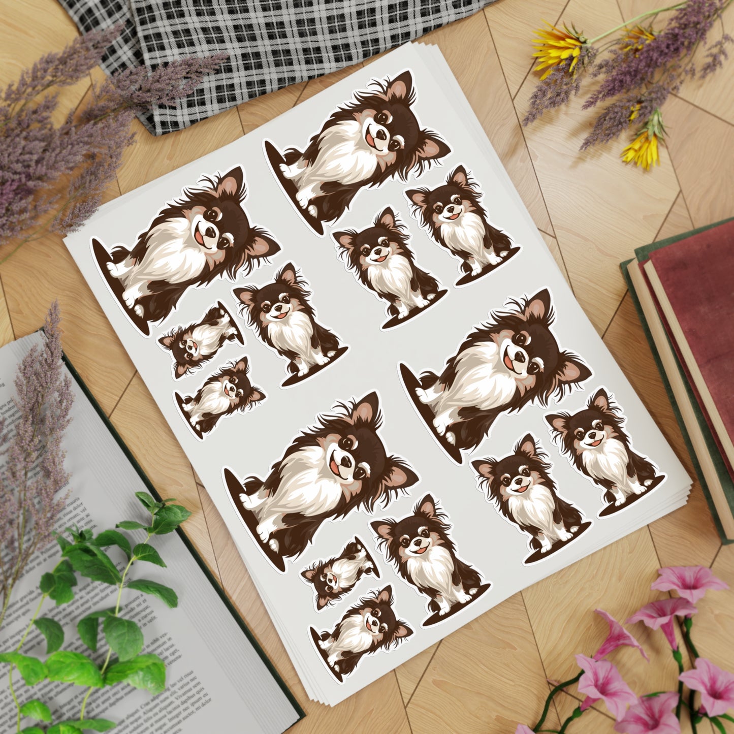 Koda Long Haired Chihuahua Dog Sticker Sheet Bundle, 5 Sticker Sheets With 14 Vinyl Stickers Per Sheet