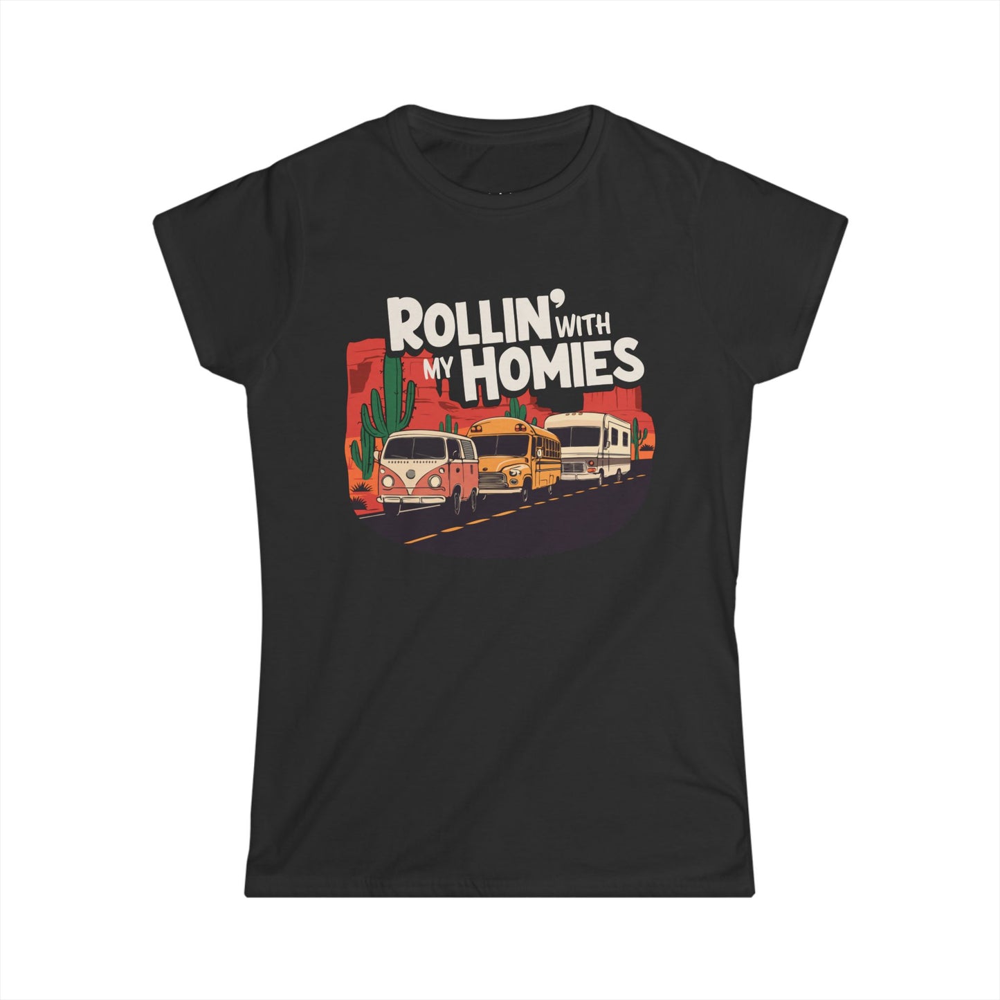 Rollin' With My Homies Van Skoolie RV Vanlife Caravan in the Desert Soft Fitted T-shirt Women's Soft Tee