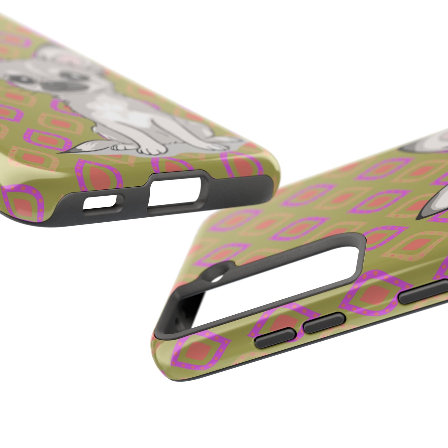 White Chihuahua Puppy Dog Phone Case, Tough Phone Cases Pet Dogs Retro Green  Pattern