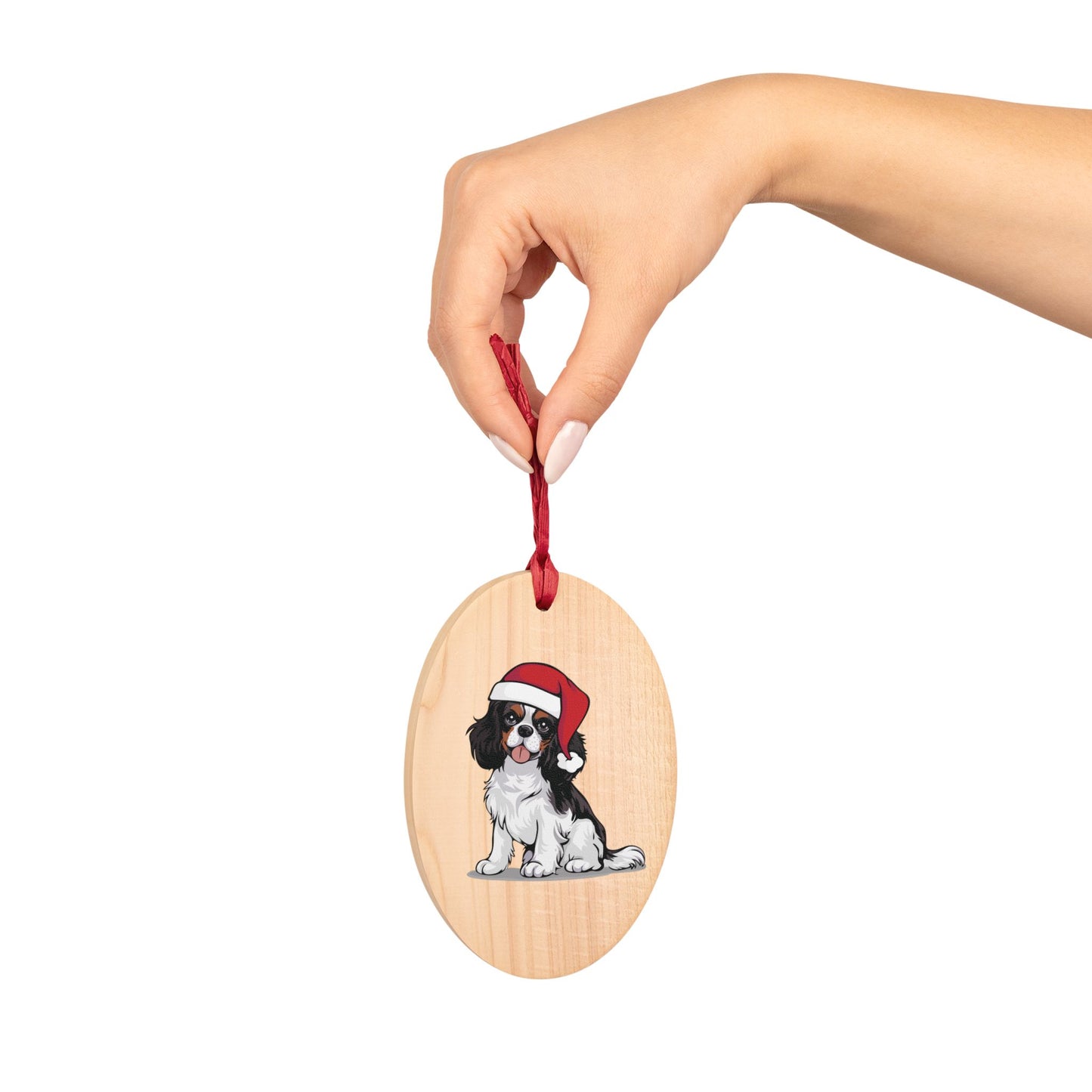 Holiday Cavalier King Charles Spaniel Dog Wooden Christmas Tree Ornaments, Xmas Dogs Santa Hat Oval Or Star Shape Ornament Seasonal Decor