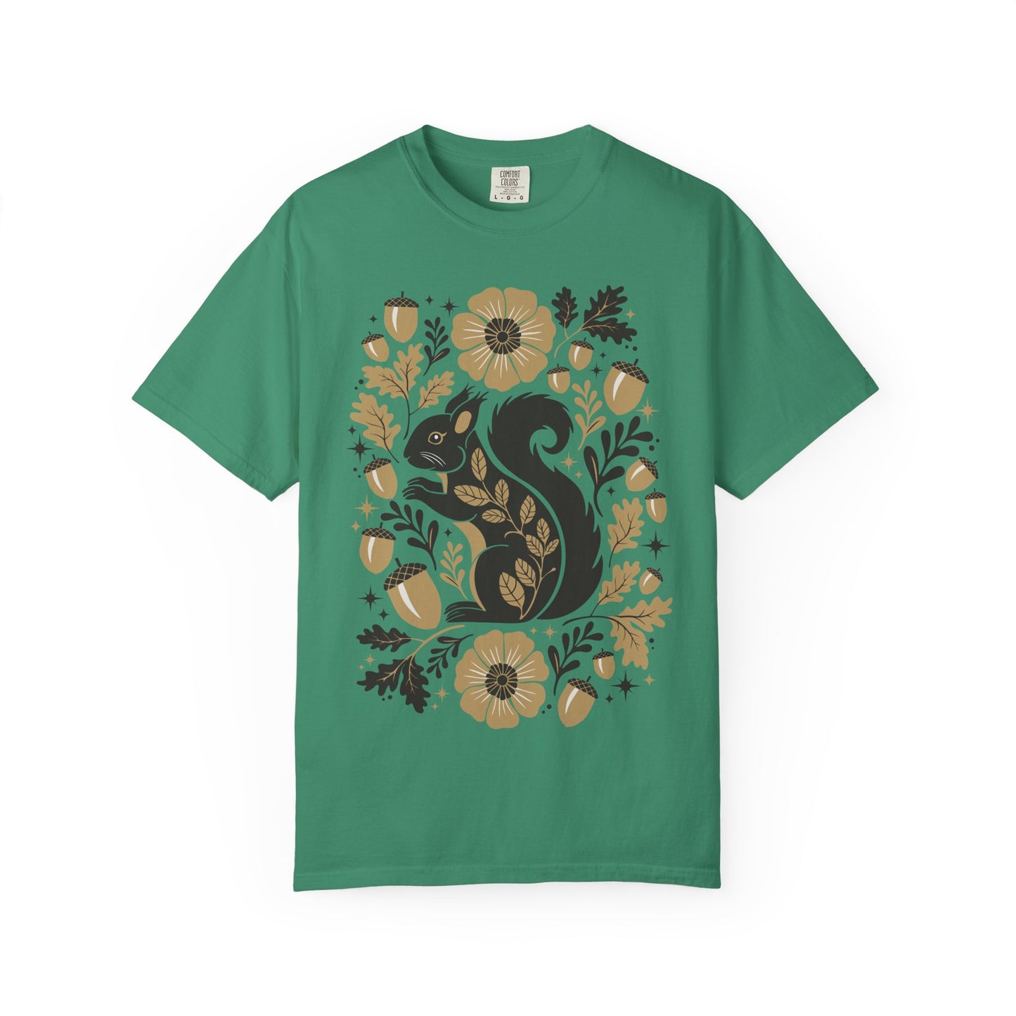 Woodland Squirrel Illustration T-shirt | Floral Acorn Nature Design Squirrels Tee, 100% Cotton Short Sleeve Shirts