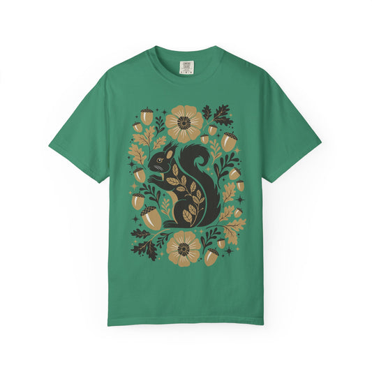 Woodland Squirrel Illustration T-shirt | Floral Acorn Nature Design Squirrels Tee, 100% Cotton Short Sleeve Shirts