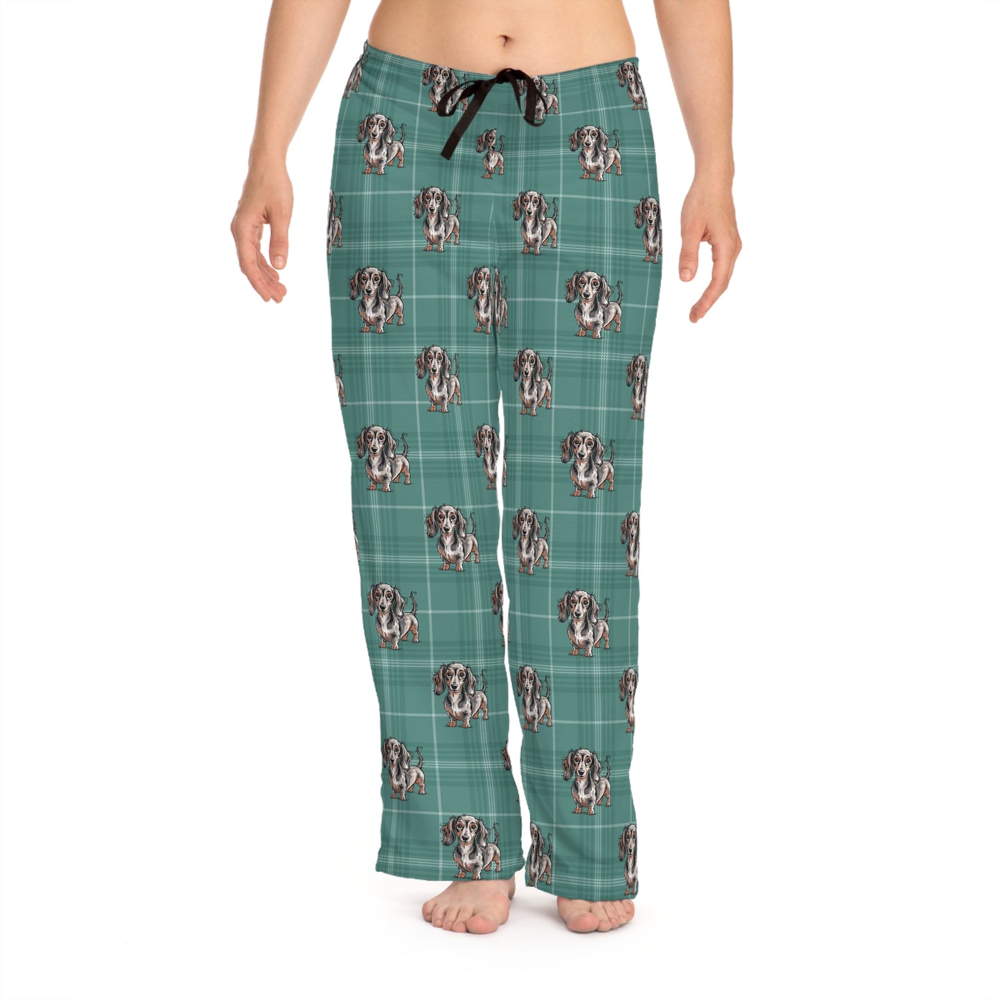 Long Haired Dachshund Dogs Plaid Pajama Pants | Teal Wiener Dog Doxie Pattern Pajamas Loungwear Sleepwear PJ Bottoms