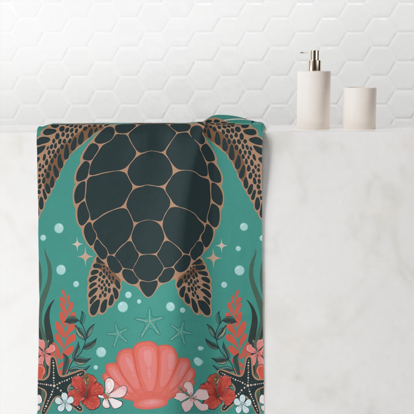 Sea Turtle Beach Towel, Tropical Floral Ocean Design Bath Towels Pool Accessories, Marine Life Turtles Seashell Print