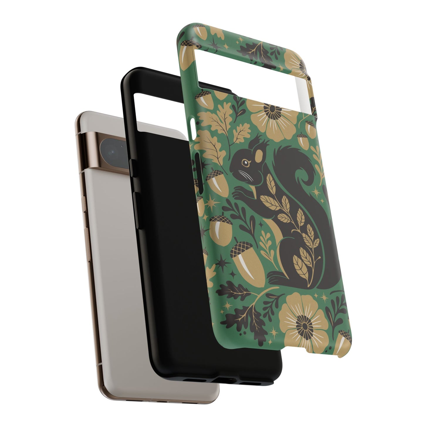 Green Squirrel Floral Pattern Cell Phone Case | Botanical Folk Art Acorn Leaves Design, Iphone Google Pixel Samsung Cases Matte Finish