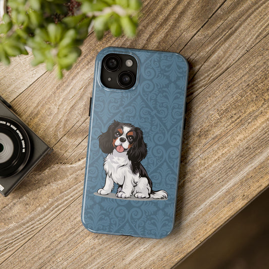 Tricolor Cavalier King Charles Spaniel Dog Phone Case, Tough Phone Cases Pet Dogs Blue Pattern