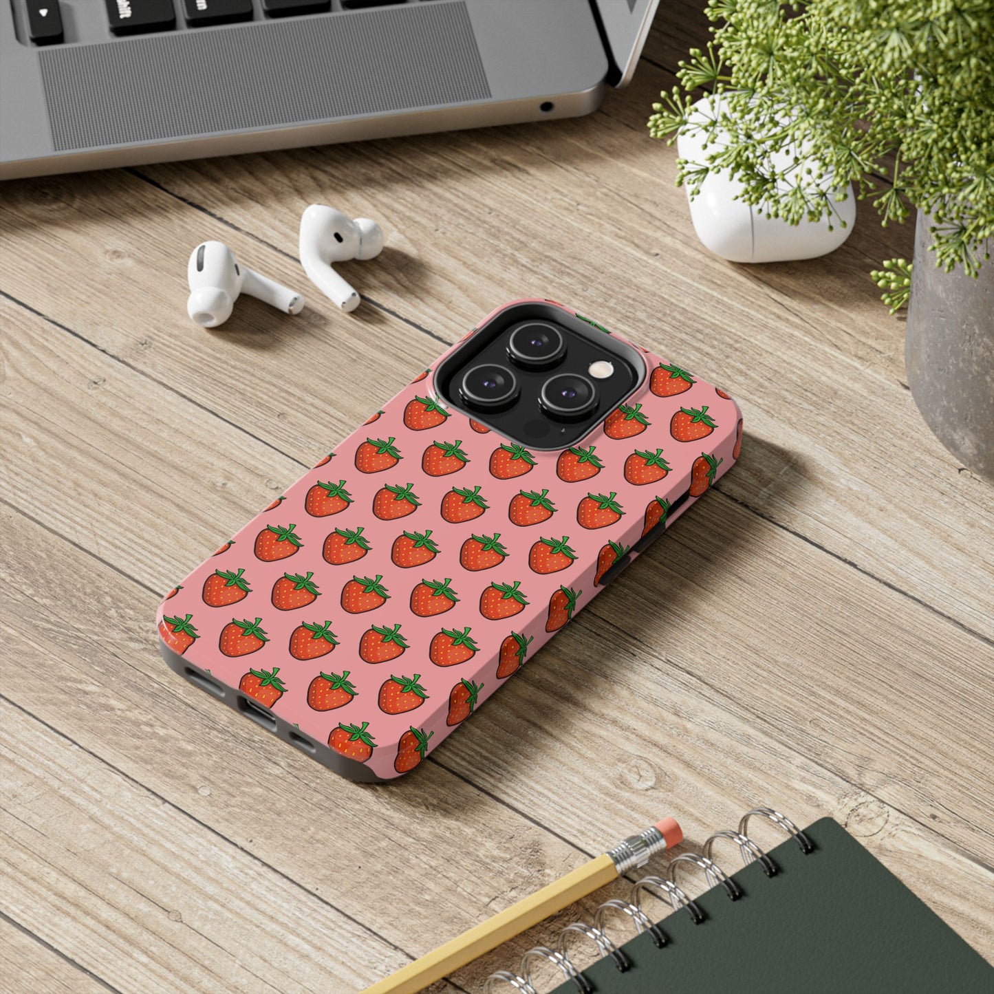 Strawberry Pattern Tough Phone Case, Cute Pink Berry Fruit Strawberries Design Cell Phone Cases