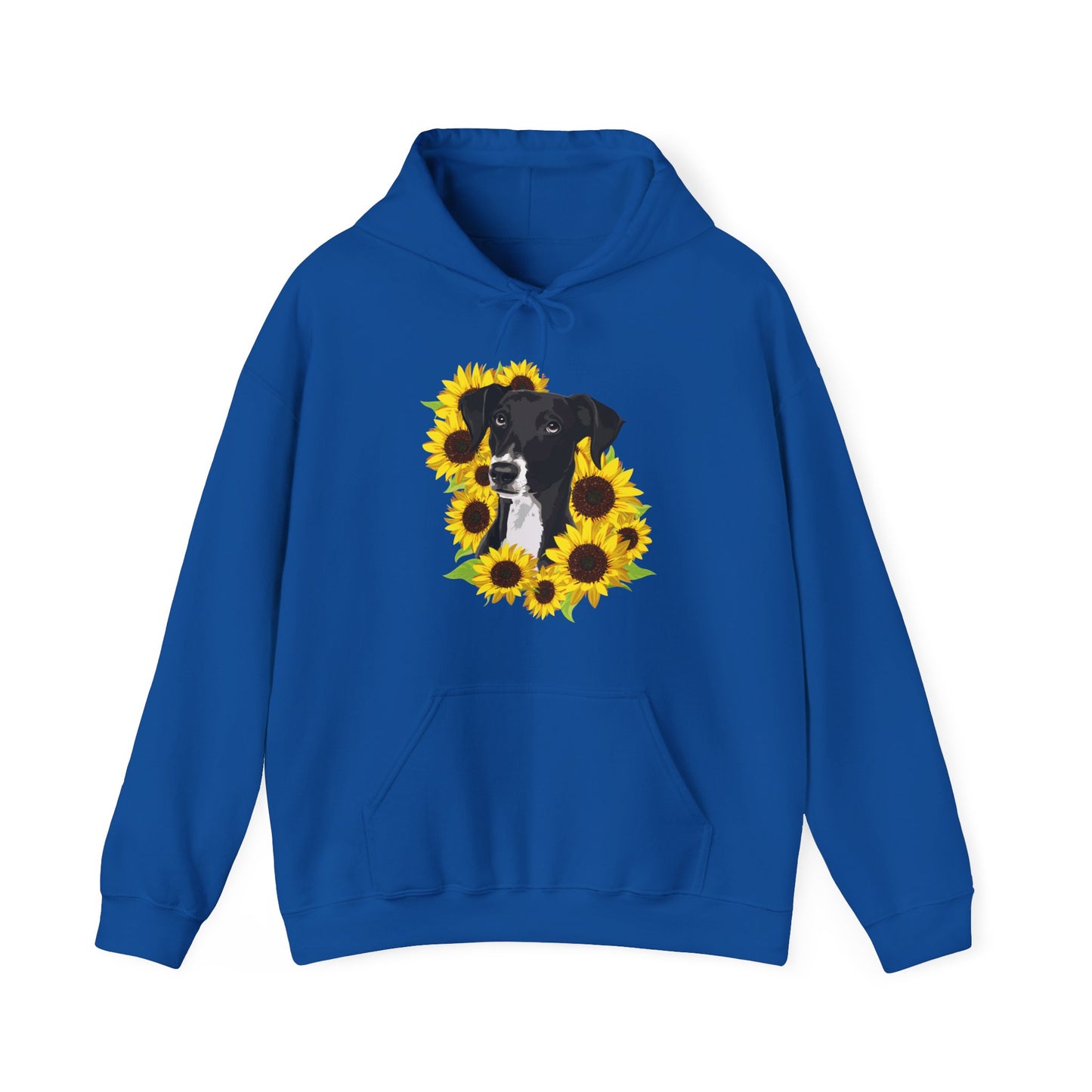 Marley Dog in Sunflowers Pullover Hoodie Hooded Sweatshirt with Black Lab Dog with Sunflower Art Print