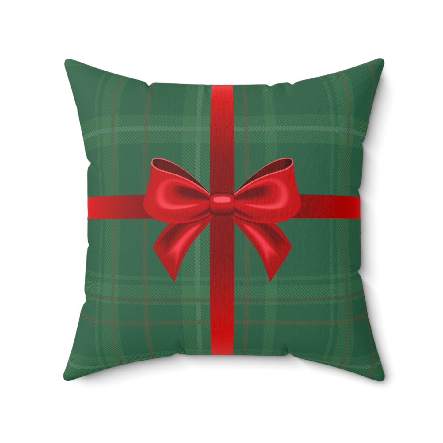 Holiday Gift Throw Pillow, Red Bow on Green Plaid Wrapped Present Pillows, Christmas Home Decor Xmas Decorations, Square Cushion and Cover