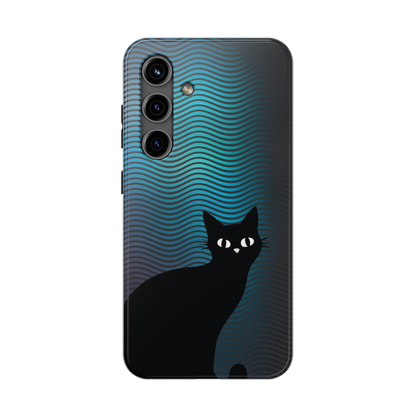 Black Cat Cell Phone Case | Peeking Kitty Graphic on Wavy Teal Background