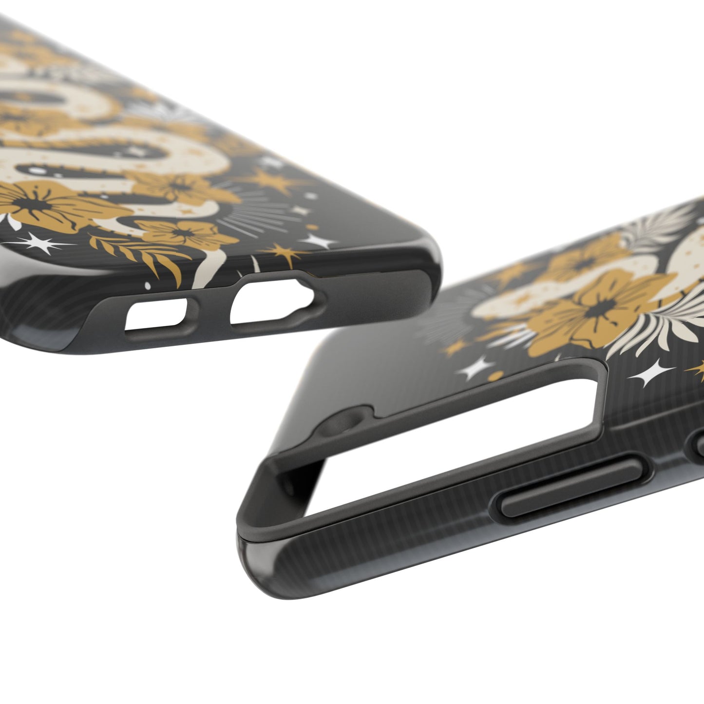 Mystic Snake Cell Phone Case, Black Tough Cases, Protective Floral Golden Serpent Boho Design