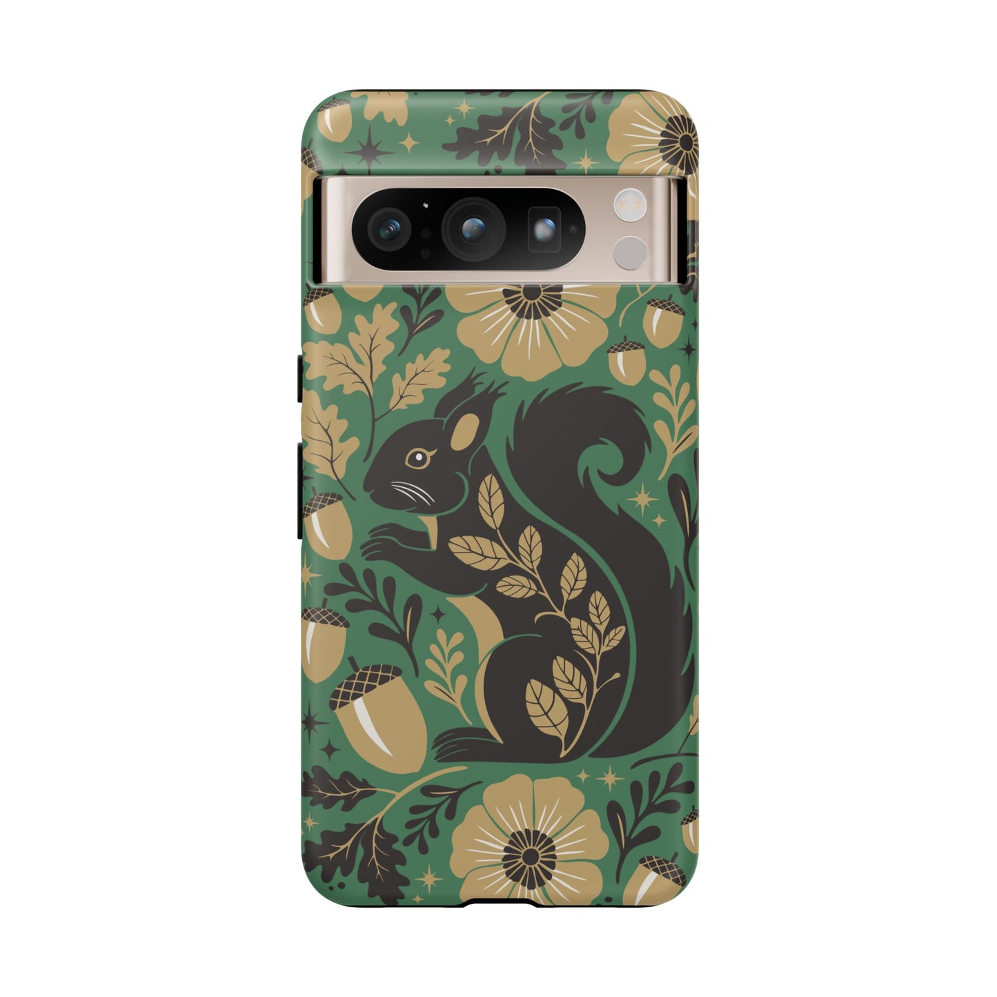 Green Squirrel Floral Pattern Cell Phone Case | Botanical Folk Art Acorn Leaves Design, Iphone Google Pixel Samsung Cases Matte Finish