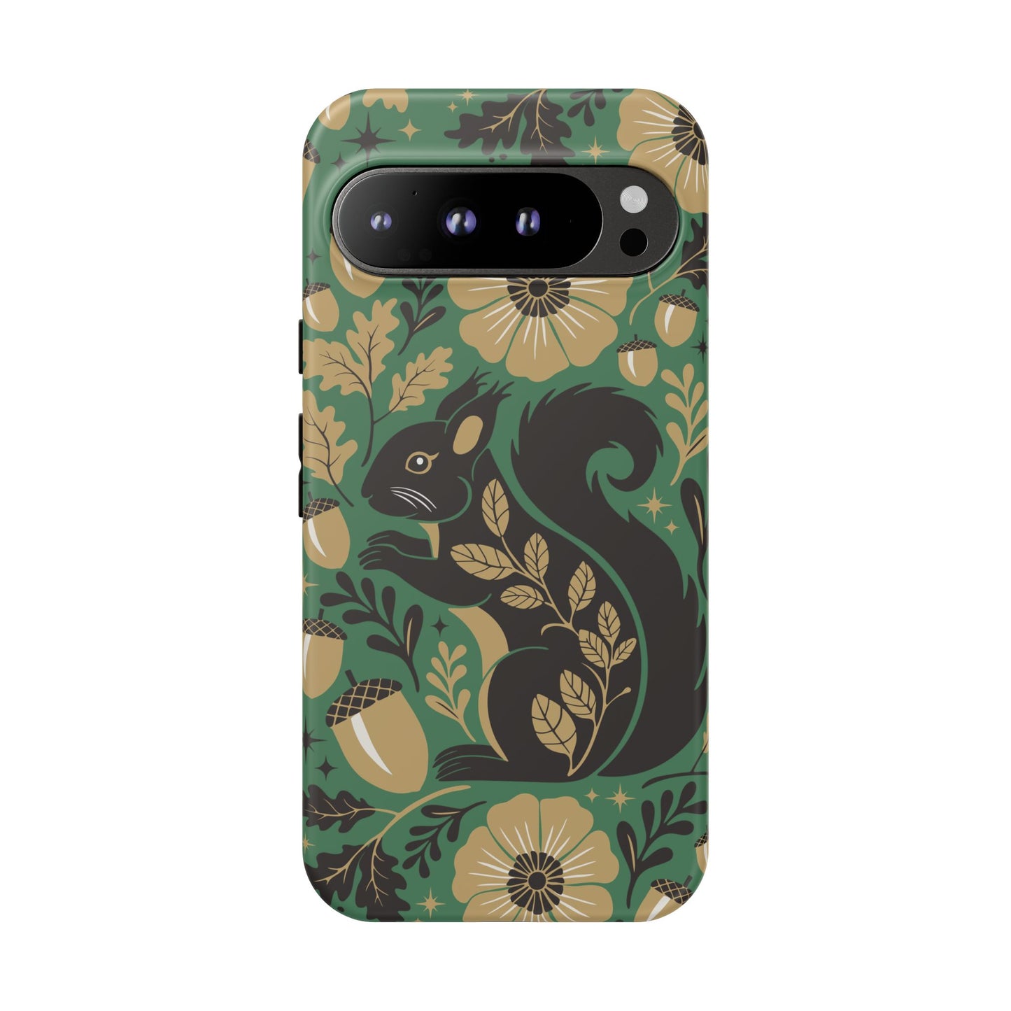 Green Squirrel Floral Pattern Cell Phone Case | Botanical Folk Art Acorn Leaves Design, Iphone Google Pixel Samsung Cases Matte Finish