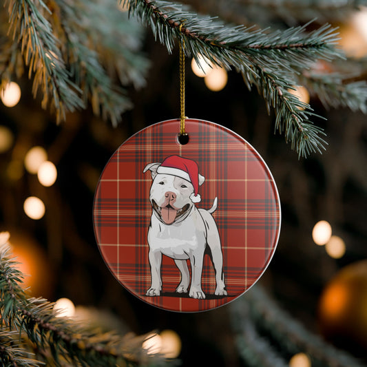Santa Pit Bull Dog Christmas Tree Ornament, Xmas Pitbull Dogs Holiday Decorations, Pet Lover Gift, Red Plaid Ceramic Ornaments