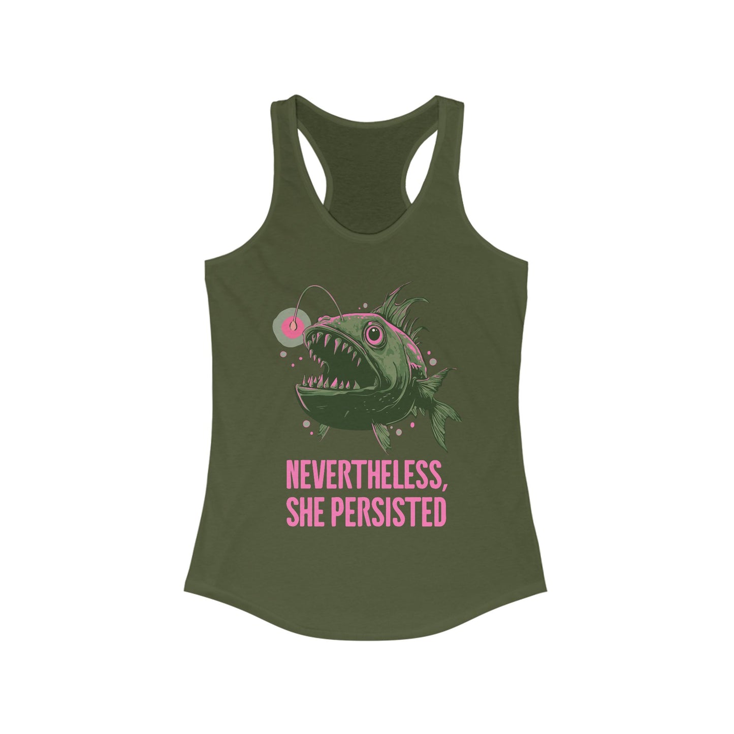 Deep Sea Anglerfish Nevertheless She Persisted Racerback Womens Tank Top, Angler Fish Lure Glow Graphic Sleeveless Shirt Ocean