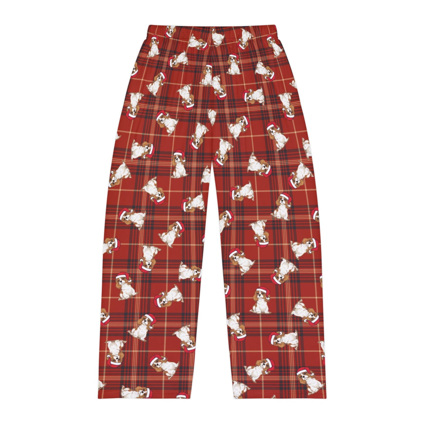 Red Plaid Cavalier King Charles Spaniel Dog Men's Christmas Pajama Pants, Santa Dogs PJ Bottoms, Winter Loungewear, Holiday Sleepwear