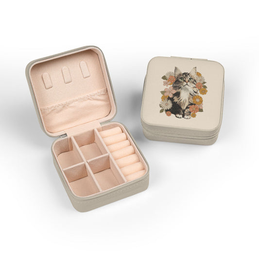 Floral Kitten Jewelry Travel Case, Cute Retro Cat & Flowers Compact Ring Necklace Earring Organizer, Plush Lined 4"x4"x2" Jewelry Box