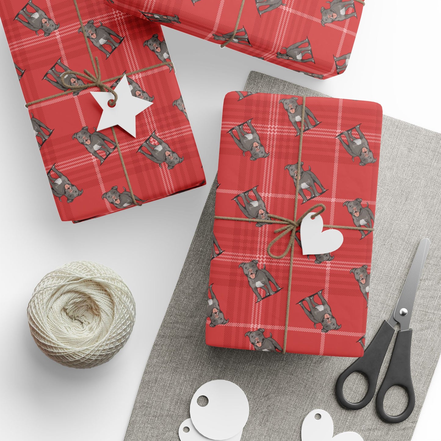 Pit Bull Terrier Dog Wrapping Paper, Red Plaid Dogs Print Gift Wrap Roll, Pitbulls Christmas Holiday Birthday Matte Wrapping Papers