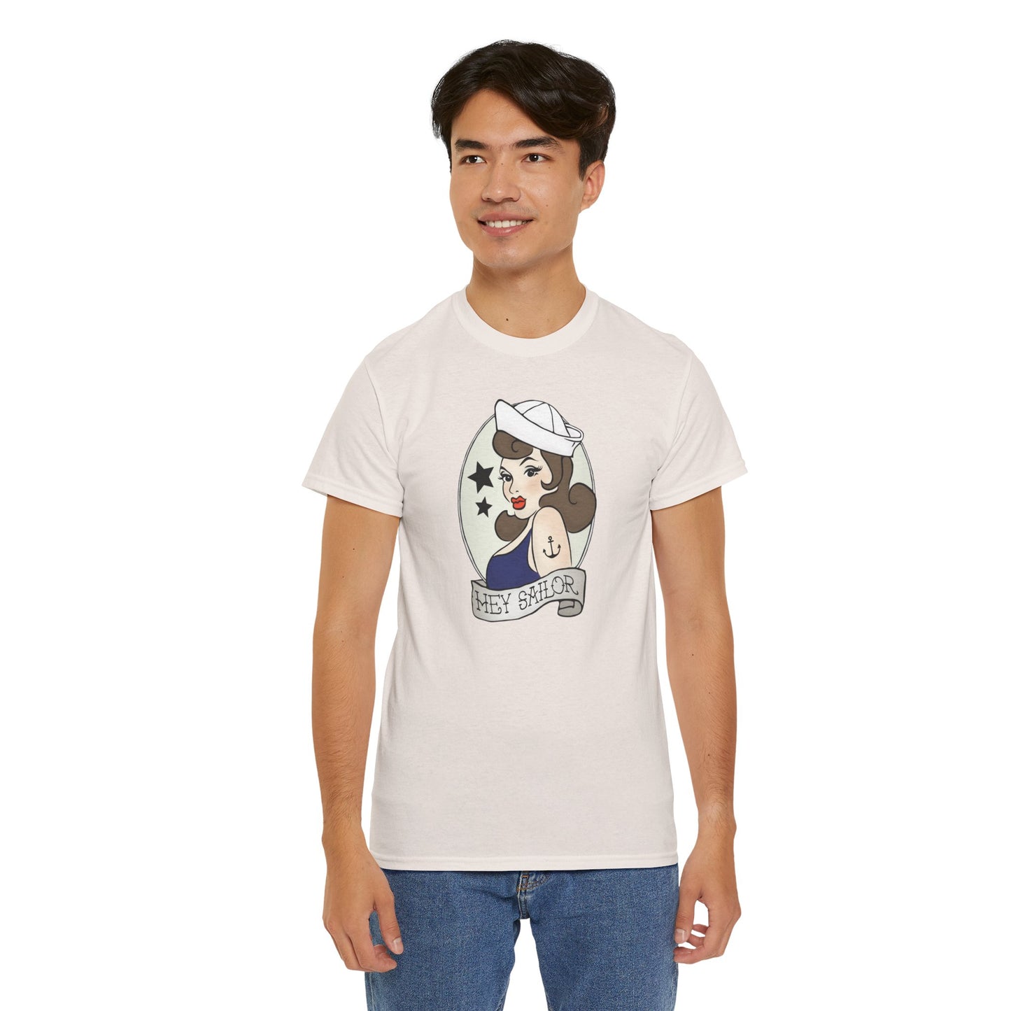 Hey Sailor Pinup Nautical Tattoo T-shirt Unisex Heavy Cotton Tee Mens Womens