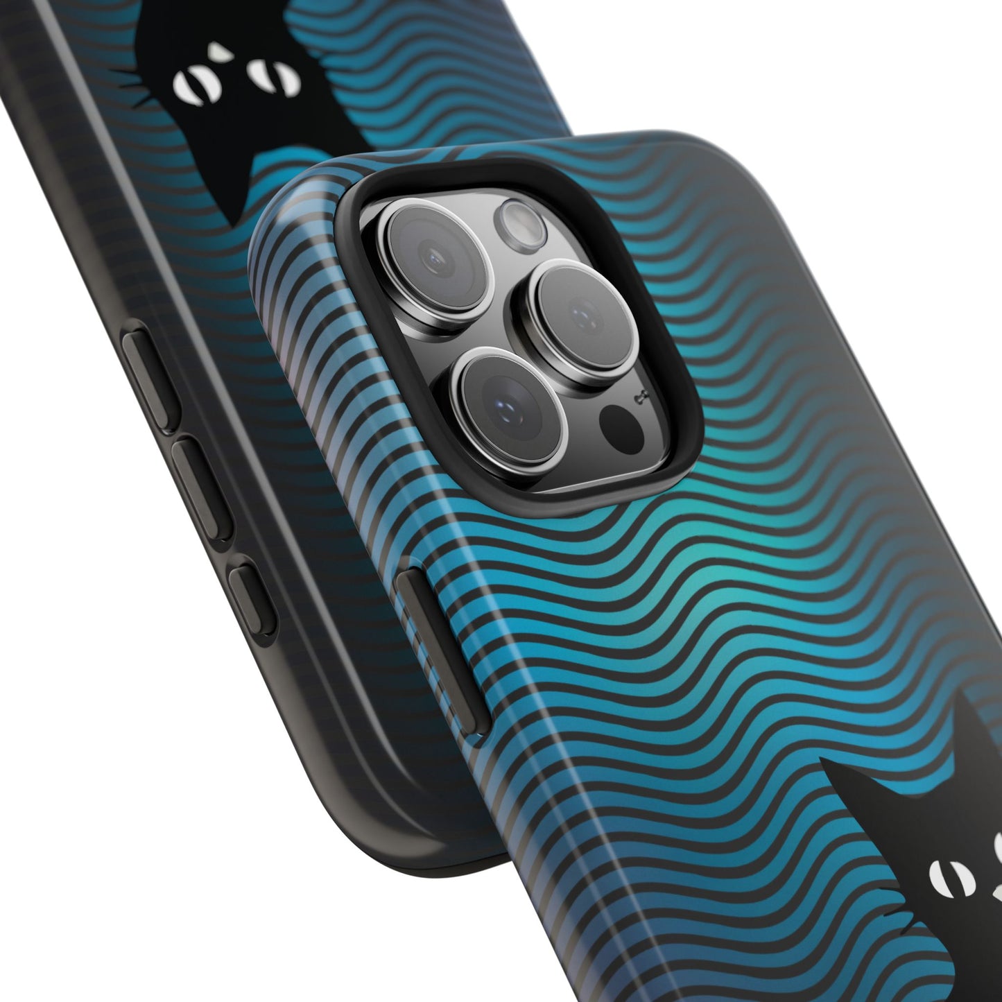 Black Cat Cell Phone Case | Peeking Kitty Graphic on Wavy Teal Background
