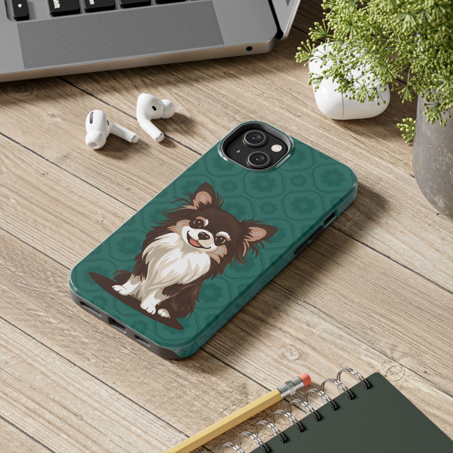 Long Haired Chihuahua Dog Phone Case, Tough Phone Cases Pet Dogs Teal Pattern